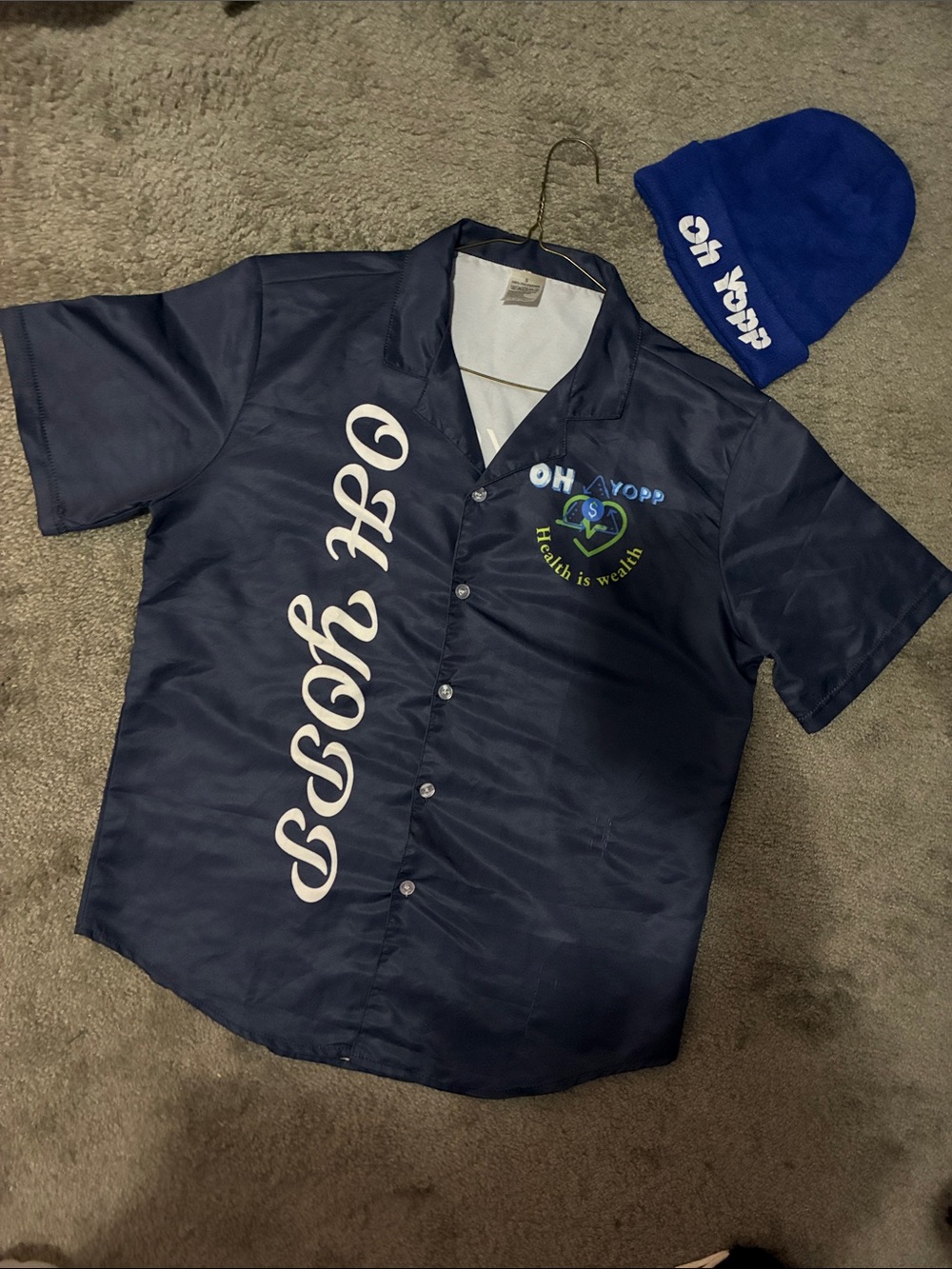 OH YOPP - Navy Short-Sleeve Button-Down Shirt with Script Logo